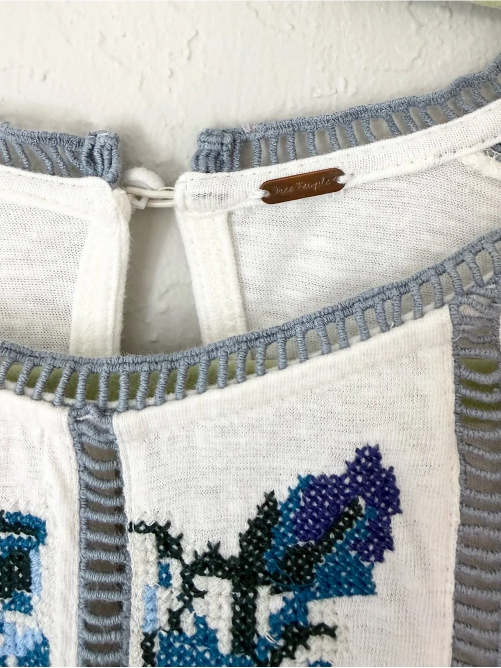 Free People Felicity Embroidered Smocked Boho Top Ivory Blue Size M